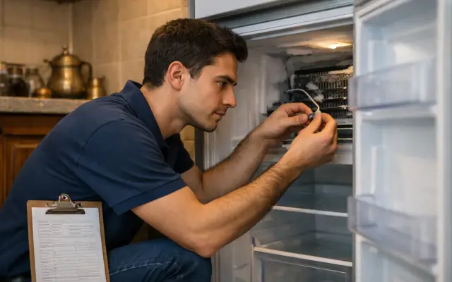 Illustration: a technician inspecting a Alaska refrigerators