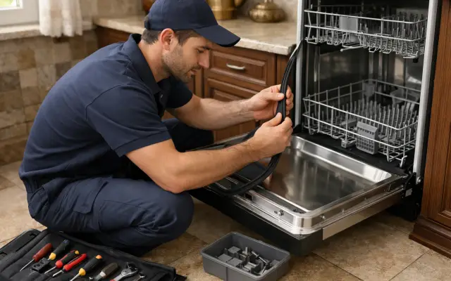 Illustration: a technician inspecting a Ariston dishwashers