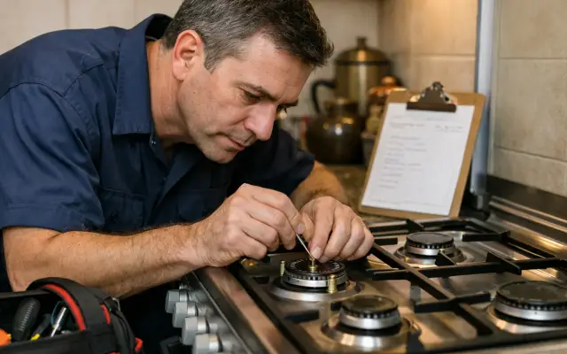 Illustration: a technician inspecting a Baumatic stoves & cookers