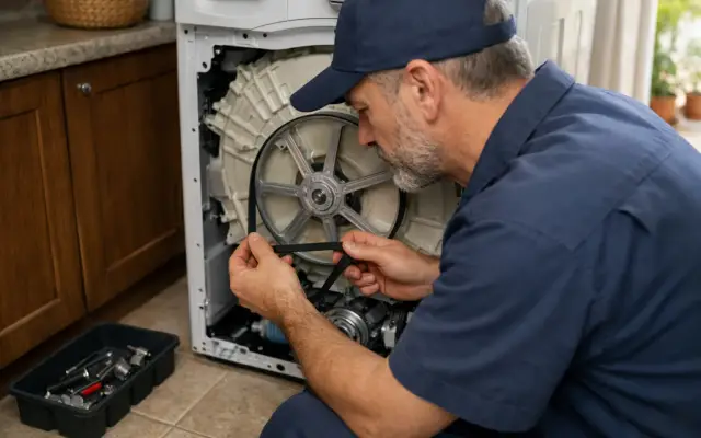 Illustration: a technician inspecting a Blomberg washing machines