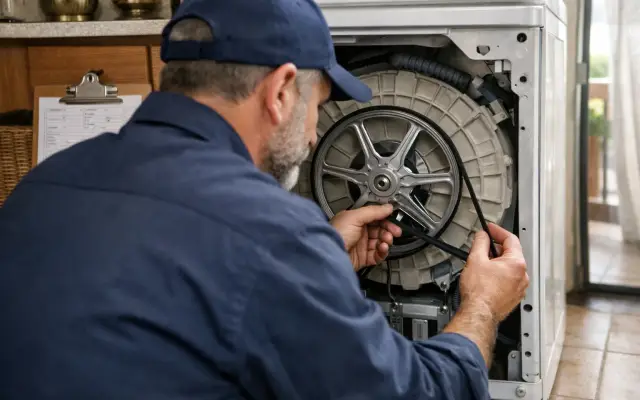 Illustration: a technician inspecting a Boman washing machines