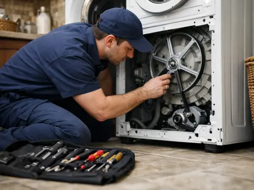 Illustration: a technician inspecting a Candy appliance