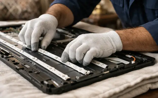 Illustration: a technician inspecting a First tvs