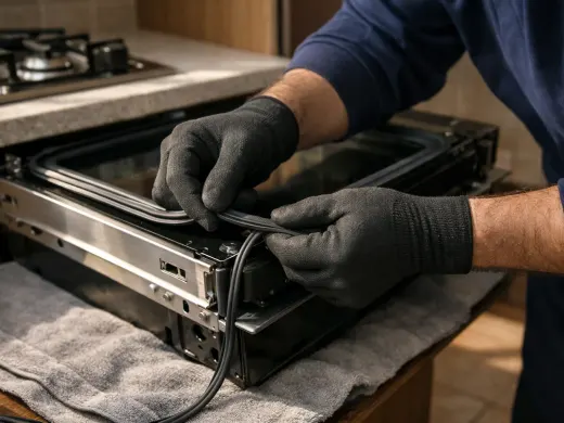 Illustration: a technician inspecting a Franke appliance