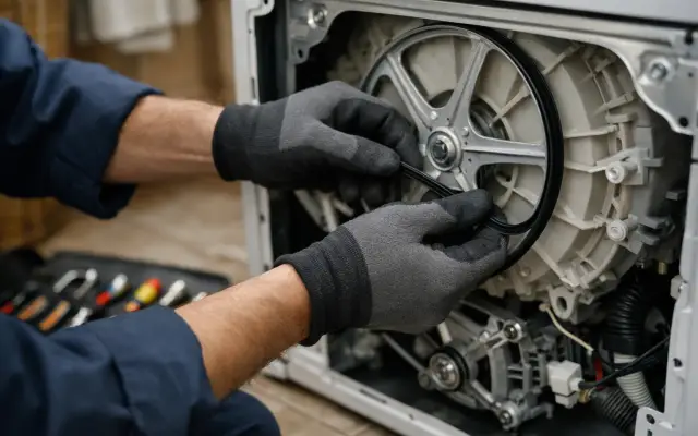 Illustration: a technician inspecting a Franke washing machines