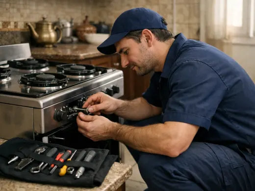 Illustration: a technician inspecting a Gaggenau appliance