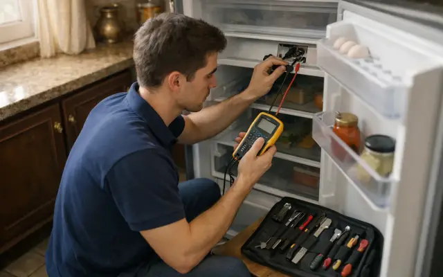 Illustration: a technician inspecting a Gaggenau refrigerators
