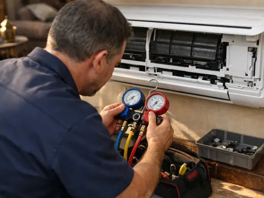 Illustration: a technician inspecting a Goldi appliance