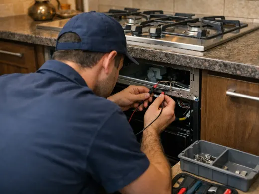 Illustration: a technician inspecting a Gorenje appliance