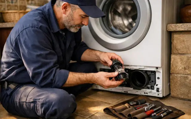 Illustration: a technician inspecting a Gorenje washing machines