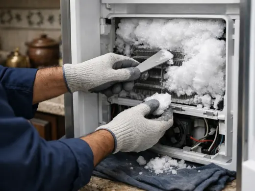 Illustration: a technician inspecting a Hitachi appliance
