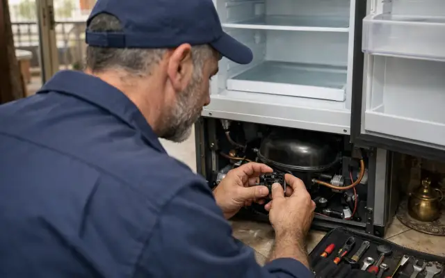 Illustration: a technician inspecting a Hitachi refrigerators