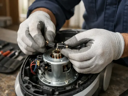 Illustration: a technician inspecting a Hoover appliance