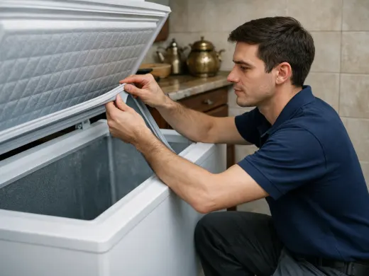 Illustration: a technician inspecting a Iberna appliance
