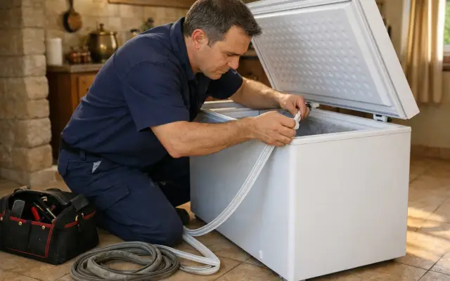 Illustration: a technician inspecting a Ignis deep freezers