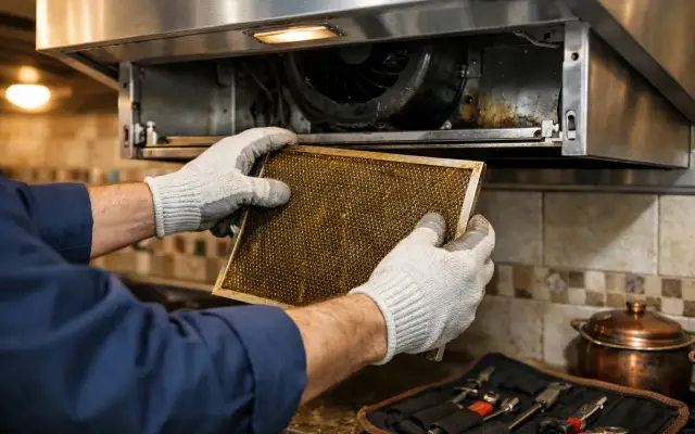 Illustration: a technician inspecting a Ignis range hoods