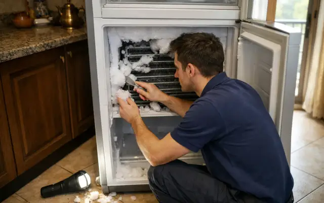 Illustration: a technician inspecting a Ignis refrigerators