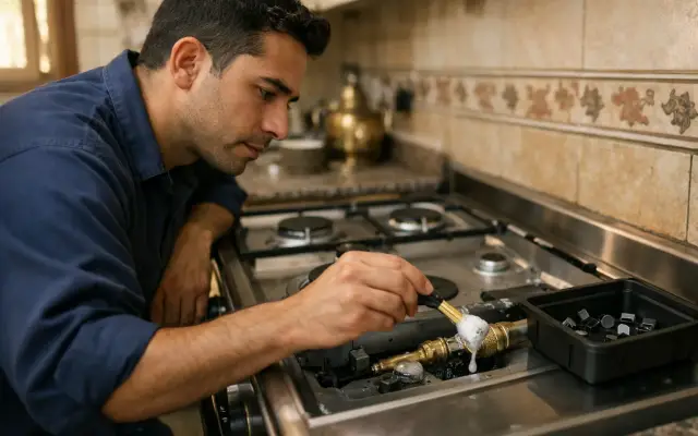 Illustration: a technician inspecting a Ignis stoves & cookers