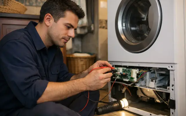 Illustration: a technician inspecting a Ignis washing machines