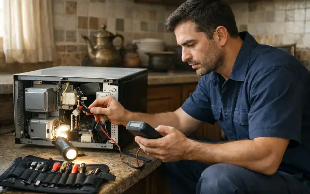 Illustration: a technician inspecting a Kenmore microwaves