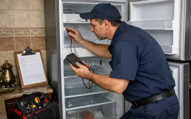Illustration: a technician inspecting a Kenmore refrigerators
