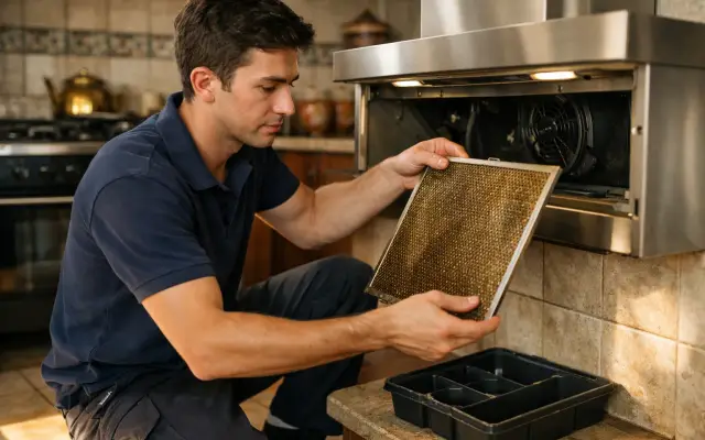 Illustration: a technician inspecting a Kitchenline range hoods