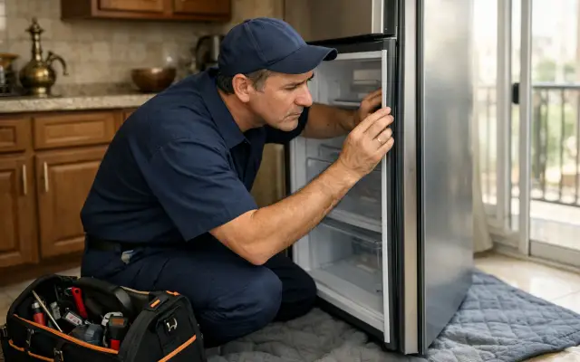 Illustration: a technician inspecting a Liebherr refrigerators