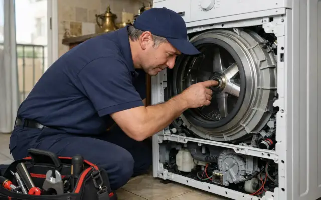 Illustration: a technician inspecting a Liebherr washing machines