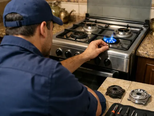 Illustration: a technician inspecting a Lofra appliance