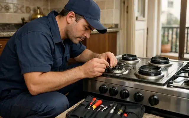 Illustration: a technician inspecting a Lofra stoves & cookers