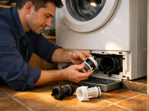 Illustration: a technician inspecting a Mabe appliance