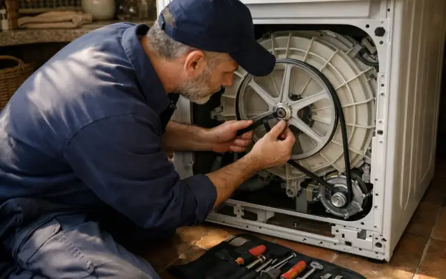 Illustration: a technician inspecting a Mabe washing machines