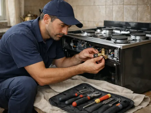 Illustration: a technician inspecting a Magic Chef appliance