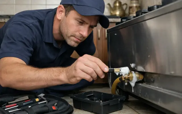Illustration: a technician inspecting a Magic Chef stoves & cookers
