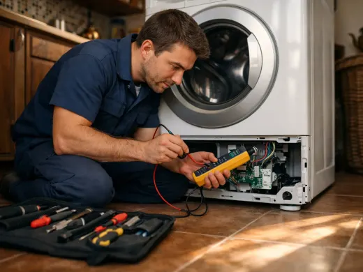 Illustration: a technician inspecting a Maytag appliance