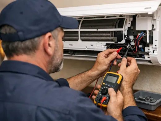 Illustration: a technician inspecting a Midea appliance