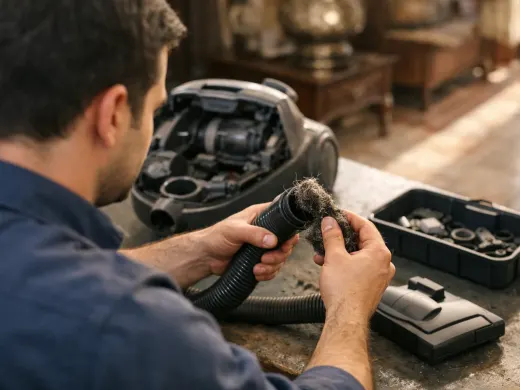 Illustration: a technician inspecting a Miele appliance