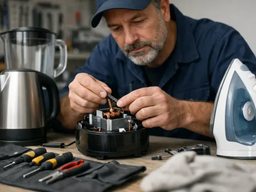 Illustration: a technician inspecting a Philips appliance