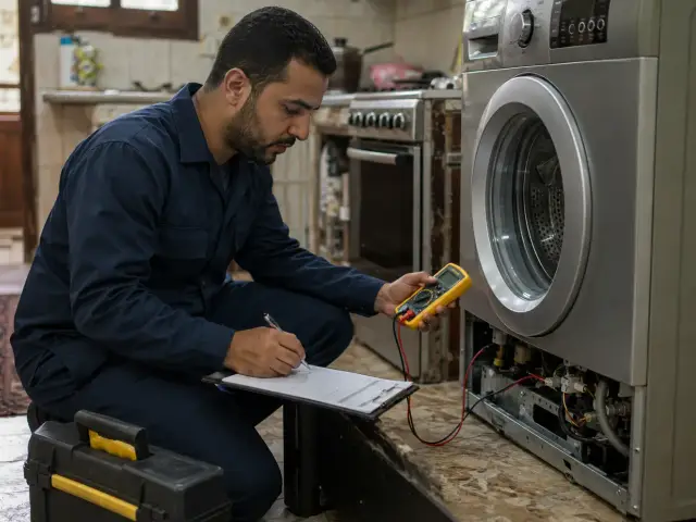 صورة توضيحية: فني يفحص غسالة بجهاز قياس ويكتب التقرير