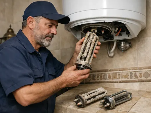 Illustration: a technician inspecting a Rheem appliance