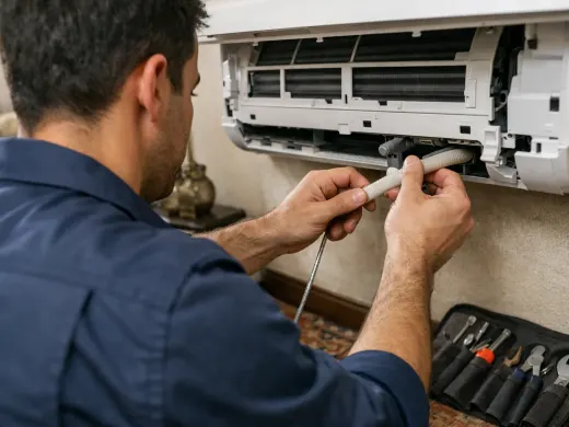 Illustration: a technician inspecting a Samsung appliance