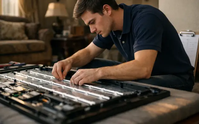 Illustration: a technician inspecting a Samsung tvs