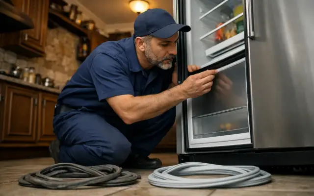Illustration: a technician inspecting a Sanyo refrigerators