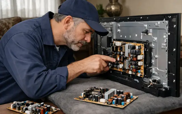 Illustration: a technician inspecting a Sanyo tvs