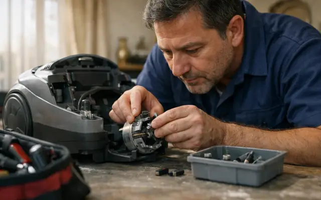 Illustration: a technician inspecting a Sanyo vacuum cleaners