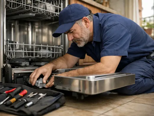 Illustration: a technician inspecting a Siemens appliance