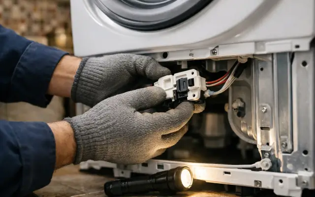 Illustration: a technician inspecting a Siemens washing machines