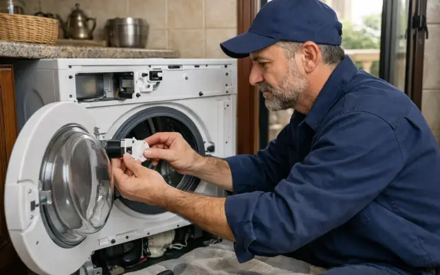 Illustration: a technician inspecting a Simpson washing machines