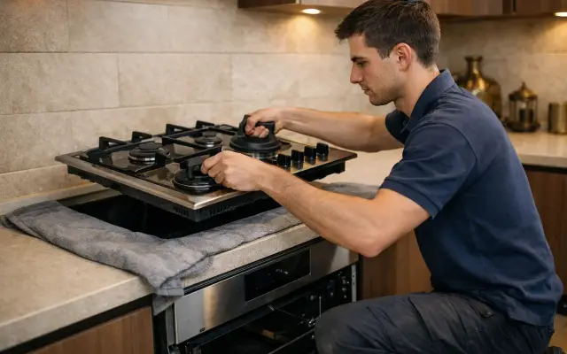 Illustration: a technician inspecting a Smeg built-in appliances