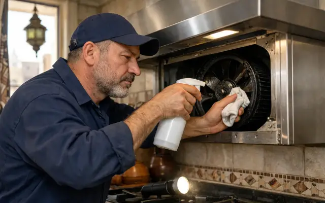Illustration: a technician inspecting a Smeg range hoods